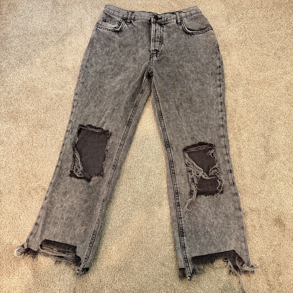 We The Free People 29 Black Denim Jeans Distressed Destroyed Knee Raw Hem Black